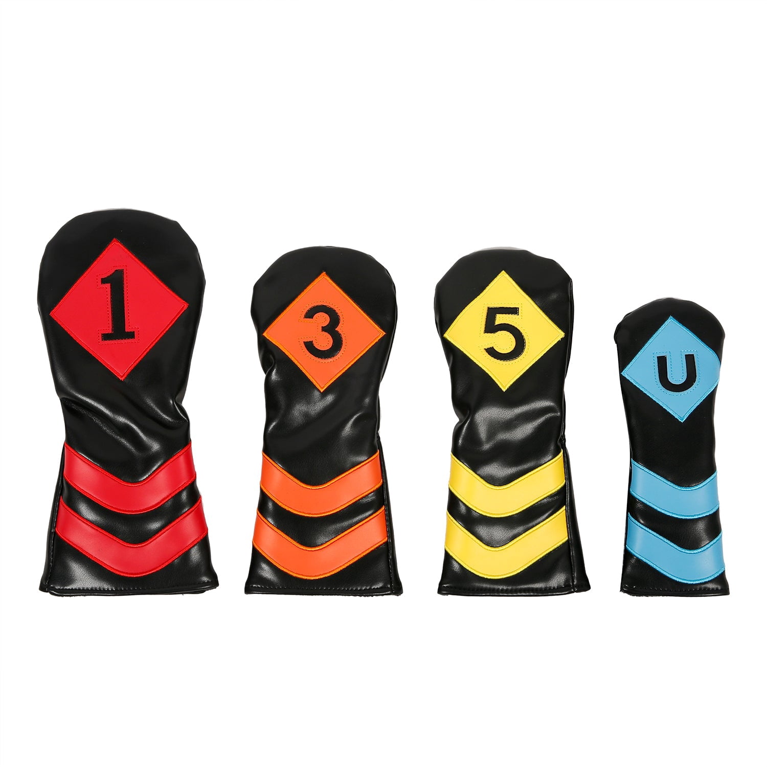 Leather Golf Covers Driver 1 3 5 U Headcovers 4 Piece Set Black with Multicoloured
