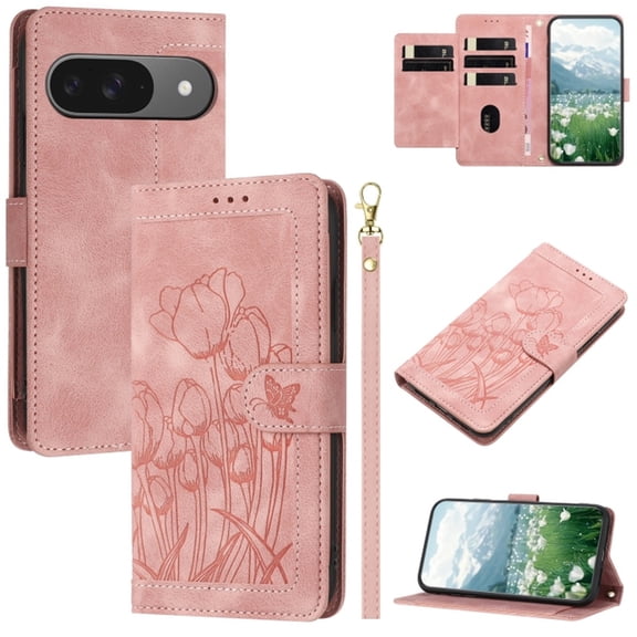 Leather For Google Pixel 10 / 10 Pro Case Tulip Embossed 5-card  Flip Wallet Leather Case with Card Holder Magnetic Closure ,Detachable Wrist Strap,Shockproof Phone Cases Cover,Pink