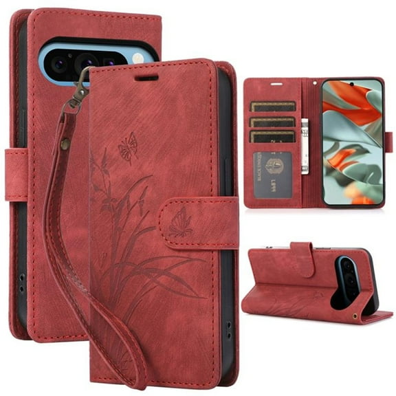 Leather For Google Pixel 10 Pro XL Case Orchids&Butterflies Embossed 3-card  Flip Wallet Leather Case With Card Holder Magnetic Closure  Phone Cases Cover,Red,For Pixel 10 Pro XL
