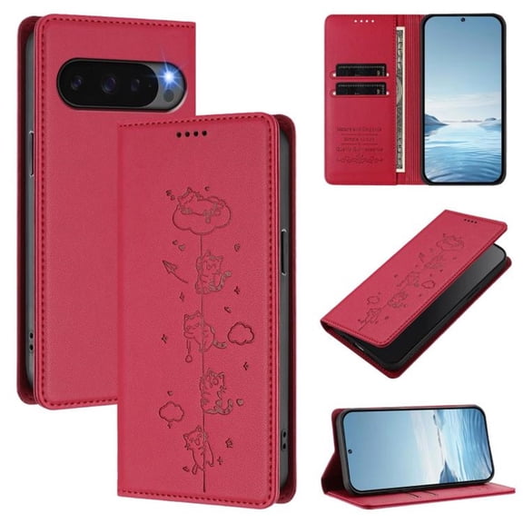 Leather For Google Pixel 9 / Pixel 9 Pro, RFID Blocking Protection, Playful Cats Embossed Flip Wallet Leather Case With Card Holder Magnetic Closure  Phone Cases Cover,Red,For Pixel 9 / 9 Pro