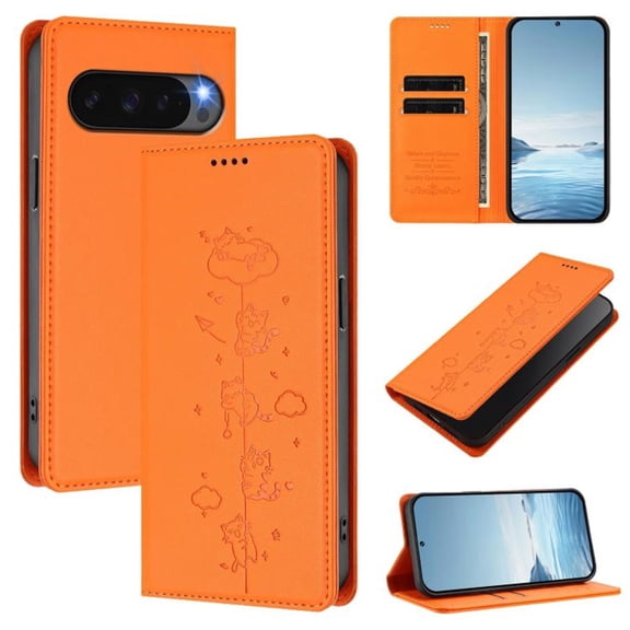 Leather For Google Pixel 9 / Pixel 9 Pro, RFID Blocking Protection, Playful Cats Embossed Flip Wallet Leather Case With Card Holder Magnetic Closure  Phone Cases Cover,Orange,For Pixel 9 / 9 Pro