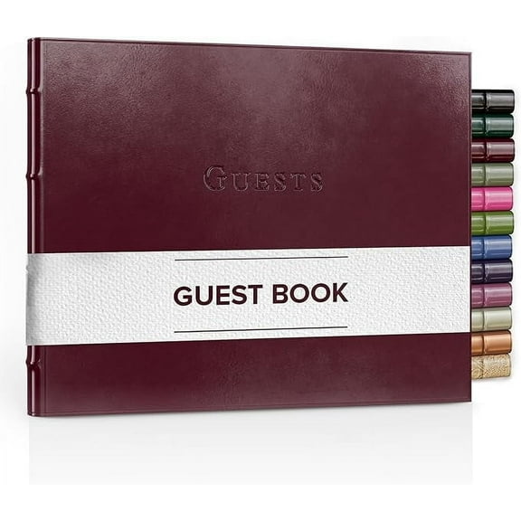 Leather Guest Book Journal by Gallery Leather, 7" x 9", 192 Gold Gilded Ruled Horizontal Pages, Hard Cover, Ribbon Bookmarker, Acadia Deep Red