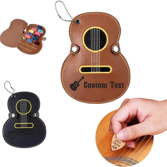 Leather Guitar Shaped Pick Holder, Personalized Portable Guitar Pick Case with 17 Slots Guitar Pick Box Keychain Guitar Pick Storage Bag Gifts for Guitar Lovers Player (Brown)