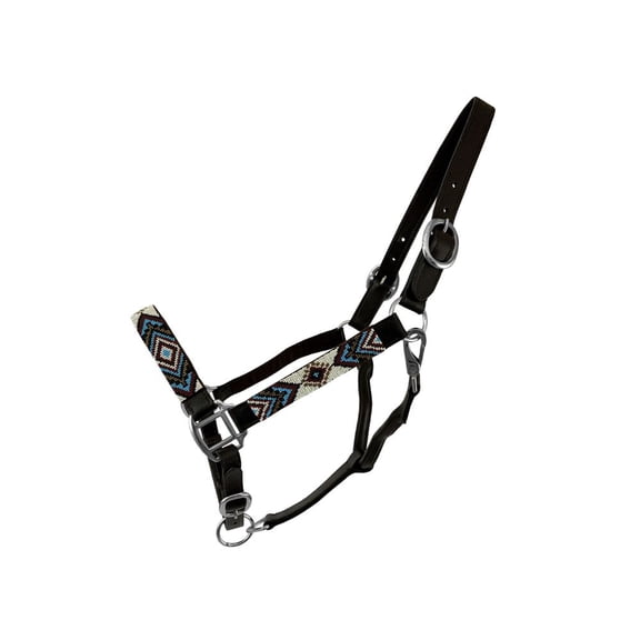 Leather Halter w/ Blue, White & Burgundy Aztec Beaded Overlay