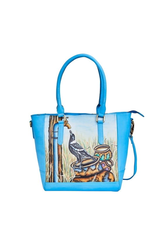 Womens Hand-Painted Crow Artwork Leather Ladies Bags Spacious Carry-All with Crossbody, Sling, Shoulder & Top Handle Style