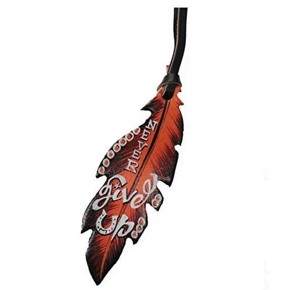 Leather Hand Painted Copper "Never Give Up" Tie-On Feather