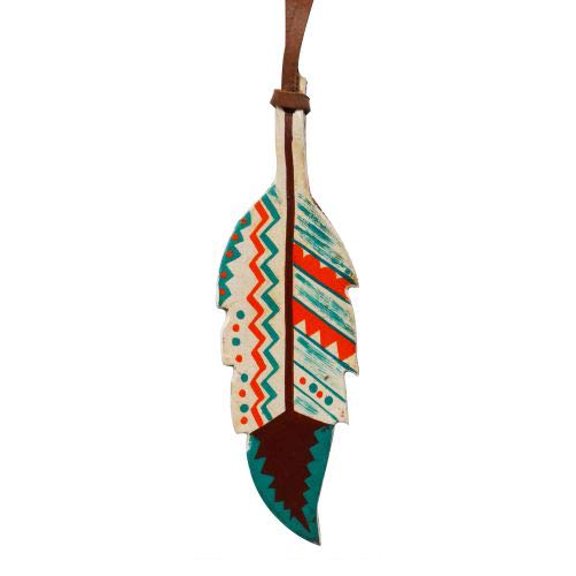 Leather Hand Painted Southwest Design Tie-On Feather (Teal)