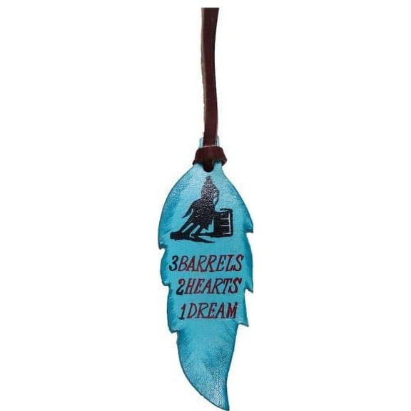 Leather Hand Painted Teal "3 Barrels, 2 Hearts, 1 Dream" Tie-On Feather