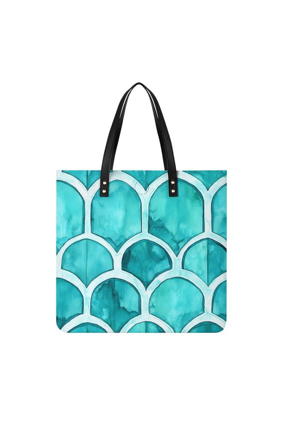 Leather Handbag 14in With Comfortable, Sturdy And Durable Fabric That Is Reusable And Features An Oversized Design Turquoise Moroccan Trellis Hand-drawn Sketch_2