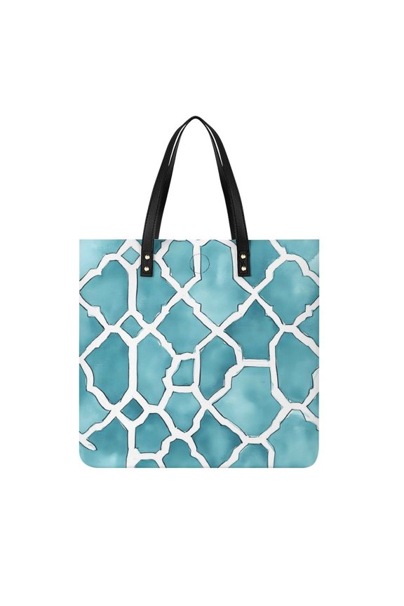 Leather Handbag 14in With Comfortable, Sturdy And Durable Fabric That Is Reusable And Features An Oversized Design Turquoise Moroccan Trellis Hand-drawn Sketch_62922_1