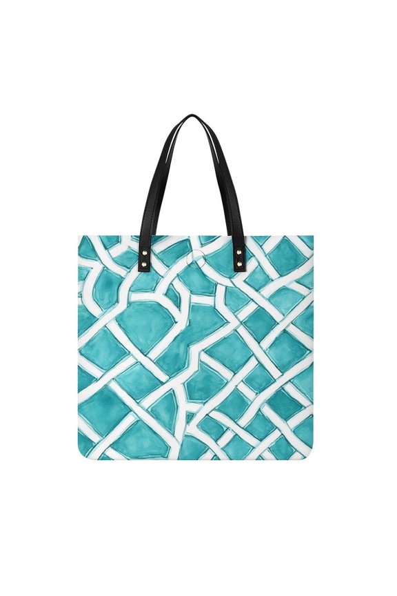 Leather Handbag 14in With Comfortable, Sturdy And Durable Fabric That Is Reusable And Features An Oversized Design Turquoise Moroccan Trellis Hand-drawn Sketch_62922_4