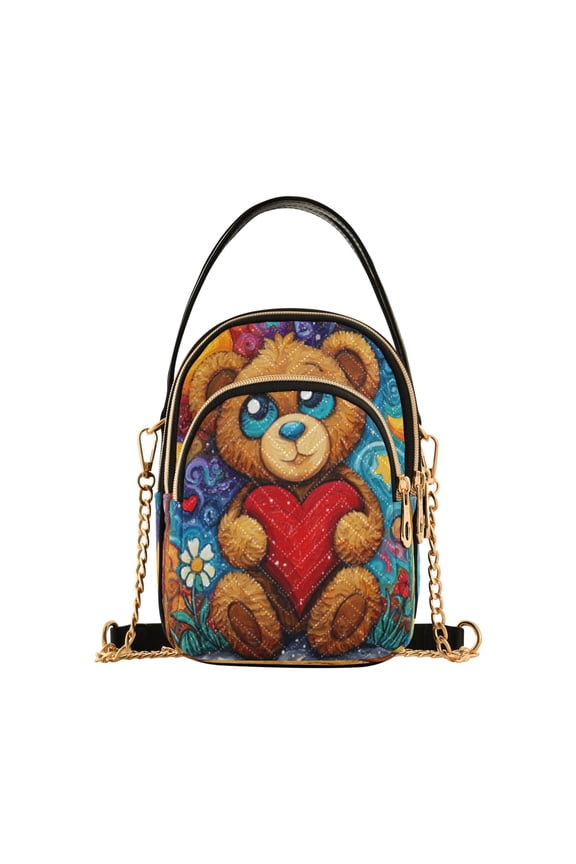 Leather Handbag Crossbody Bag Brown Bear and Red Heart