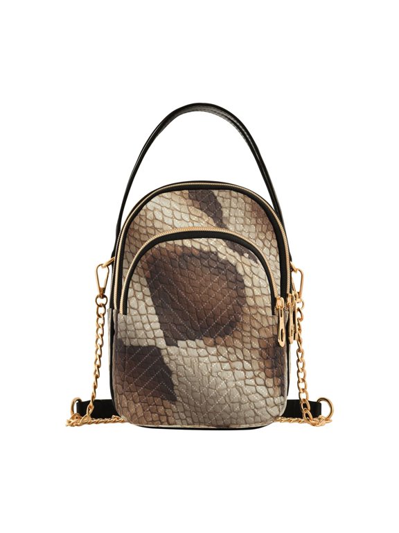 Leather Handbag Crossbody Bag Brown Snake Skin Pattern