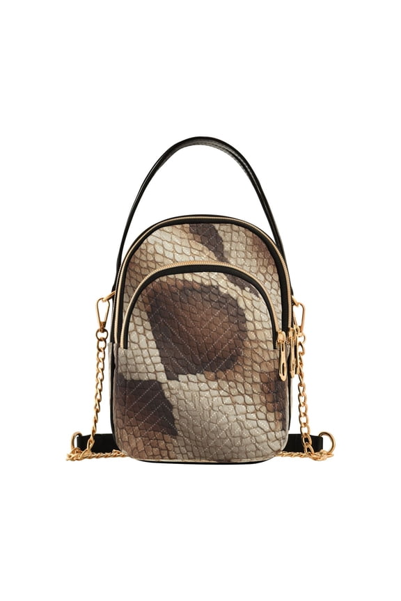 Leather Handbag Crossbody Bag Brown Snake Skin Pattern