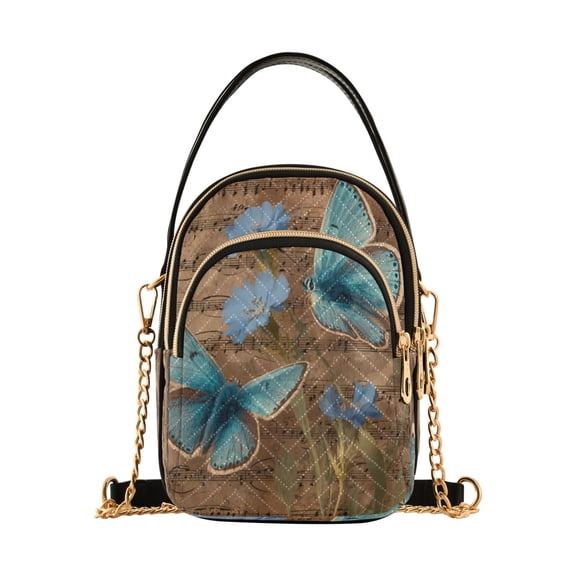 Leather Handbag Crossbody Bag Butterfly and Vintage Sheet Music