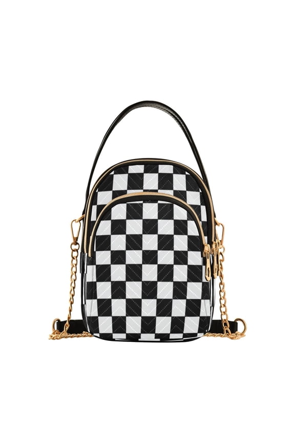 Leather Handbag Crossbody Bag Classic Black-and-white Checkered Pattern