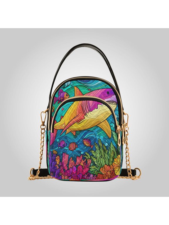 Leather Handbag Crossbody Bag Colorful Shark Pattern