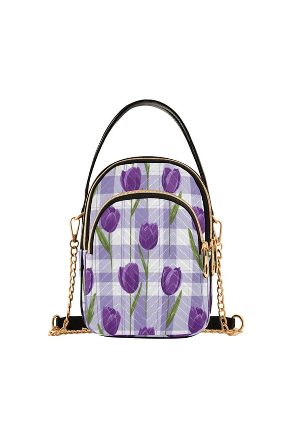 Leather Handbag Crossbody Bag Cute Cartoon Purple Tulips