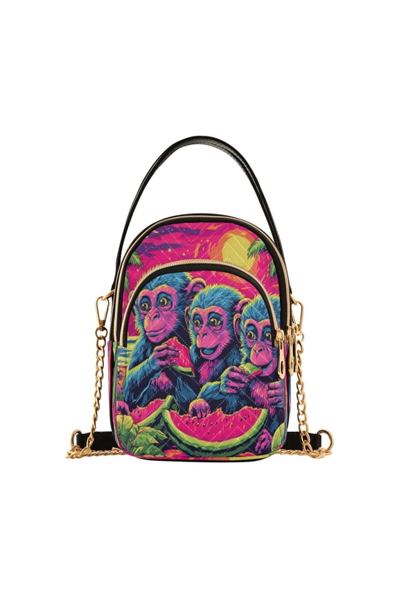 Leather Handbag Crossbody Bag Cute Monkeys Eating Watermelon