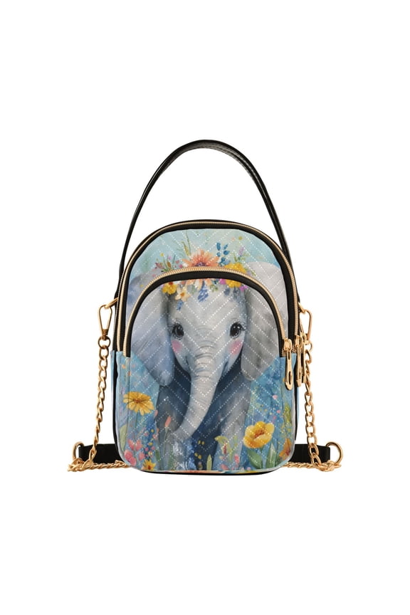 Leather Handbag Crossbody Bag Elephant Wearing Colorful Flowers