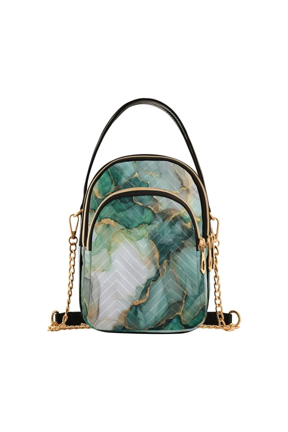 Leather Handbag Crossbody Bag Golden Green Marble Crack