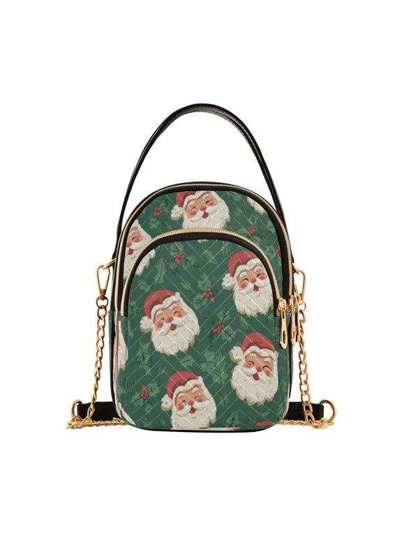 Leather Handbag Crossbody Bag Green Pattern Of Santa Claus