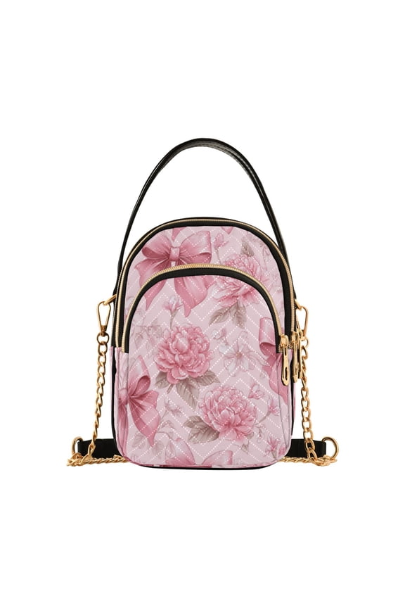 Leather Handbag Crossbody Bag Pink Bows and Peony Flowers