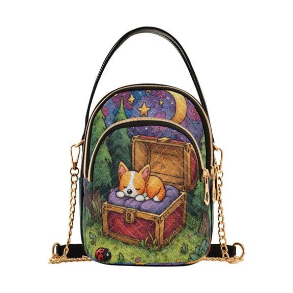 Leather Handbag Crossbody Bag Sleeping Corgi in A Treasure Chest