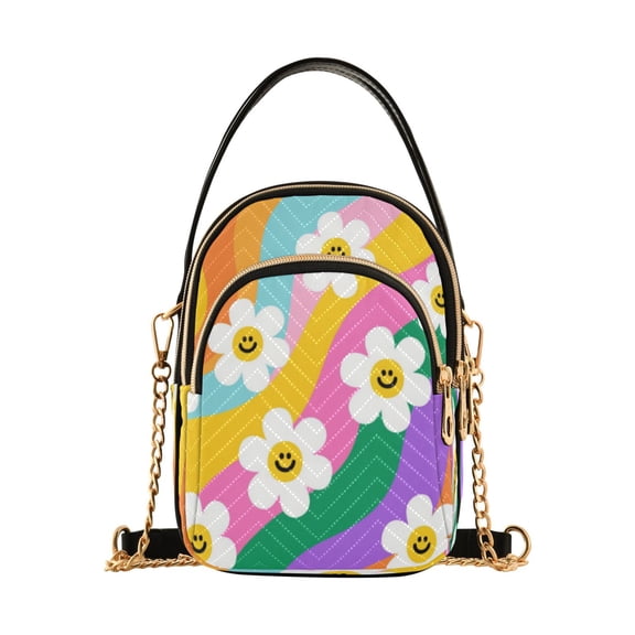 Leather Handbag Crossbody Bag Smiley Daisy on Rainbow Background