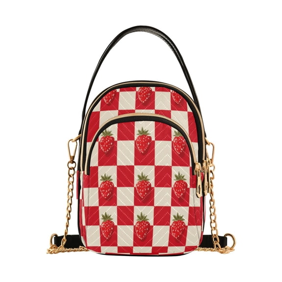 Leather Handbag Crossbody Bag Strawberries Checkered Tablecloth