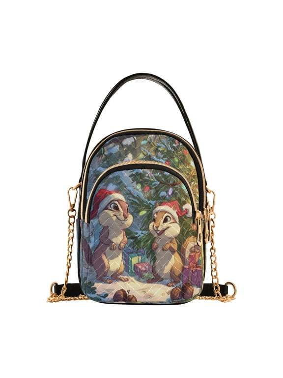 Leather Handbag Crossbody Bag Two Christmas Squirrels