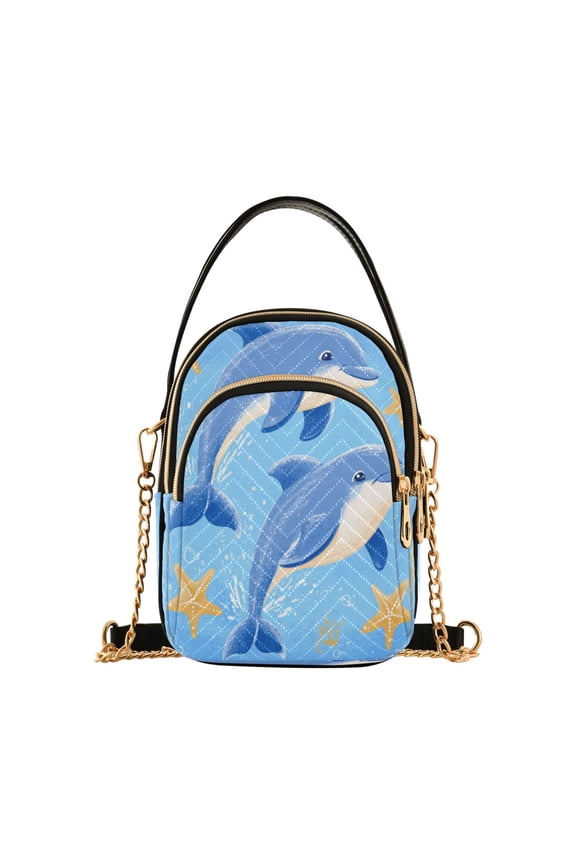 Leather Handbag Crossbody Bag Two Dolphins Jumping Pattern