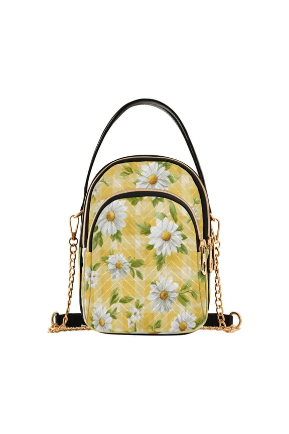Leather Handbag Crossbody Bag Yellow Gingham with Daisies Pattern