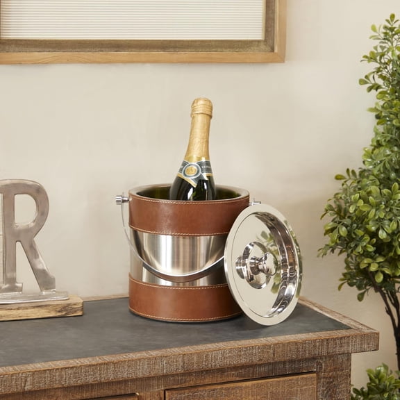 Leather Handmade Ice Bucket with Lid, 8" x 7" x 12", Brown