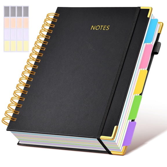 Leather Hardcover Spiral Notebook, 5 Subject Notebook with Removable Dividers Tabs, 300 Pages College Ruled B5 Notebook for Work Note Taking, Large 8x10 Journal for Women, Black
