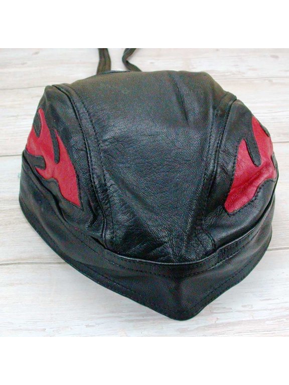 Leather Head Scarf with Flames - Stylish & Durable - Black/Red