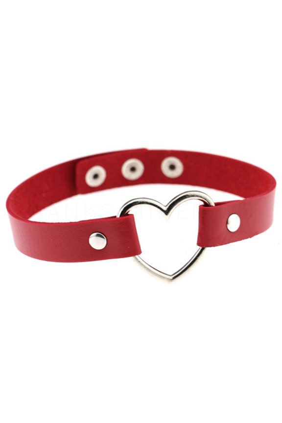 Leather Heart Choker Collar Punk Goth Adjustable Rivet Necklace Love O-Ring