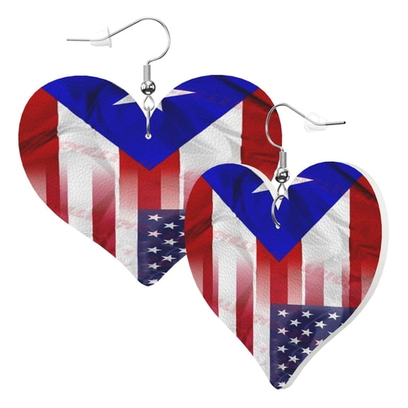 Leather Heart Earrings Dangle For Women Puerto-Rico-America-Flag Love Earrings Drop For Women