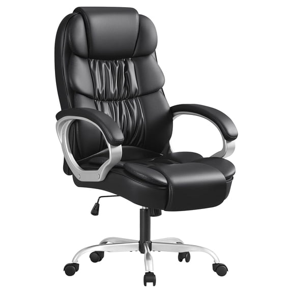 Leather High Back Office Chair Ergonomic Executive Office Chair Swivel Computer Desk Chair Lumbar Support Soft Cushioned Padded Arms (Black)