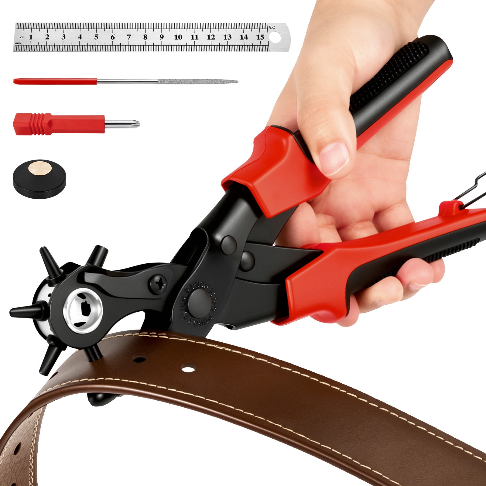 Leather Hole Punch Set Punch Pliers with PVC Handle and Effort Saving Design Ideal for Belt Plastic Rubber Canvas DIY Leather Work,Red