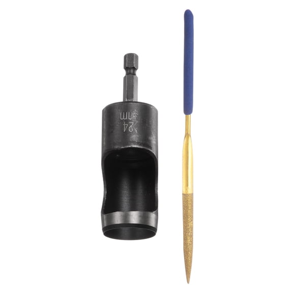 Leather Hole Punch Tool 24mm 45#Steel 1/4 Hex Shank Drill Bits Electric Hollow Punch Set with 5.5" Half-Round File