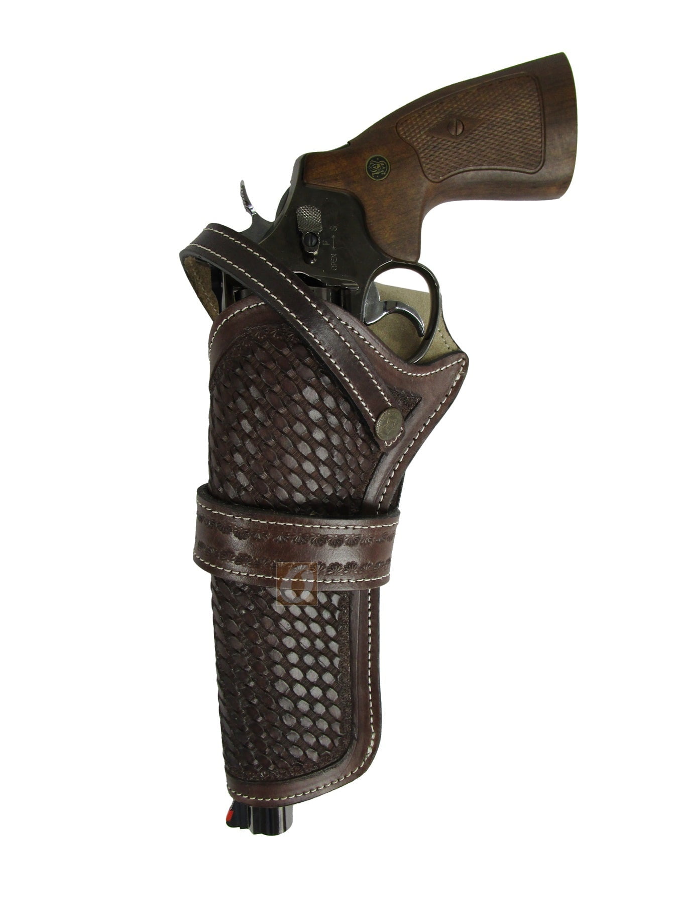 Leather Holster Basket Tooled Long Barrel Western Gun Cover Brown Color - Left Handed