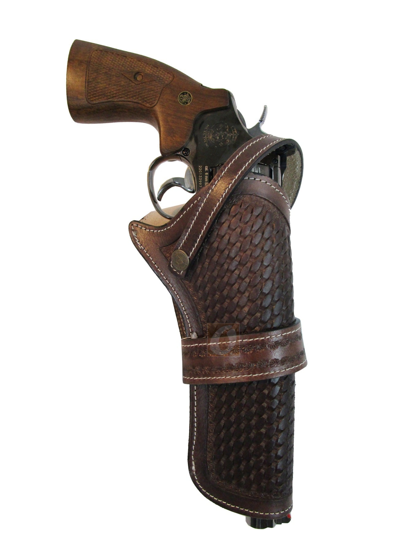 Leather Holster Basket Tooled Long Barrel Western Gun Cover Brown Color - Right Handed