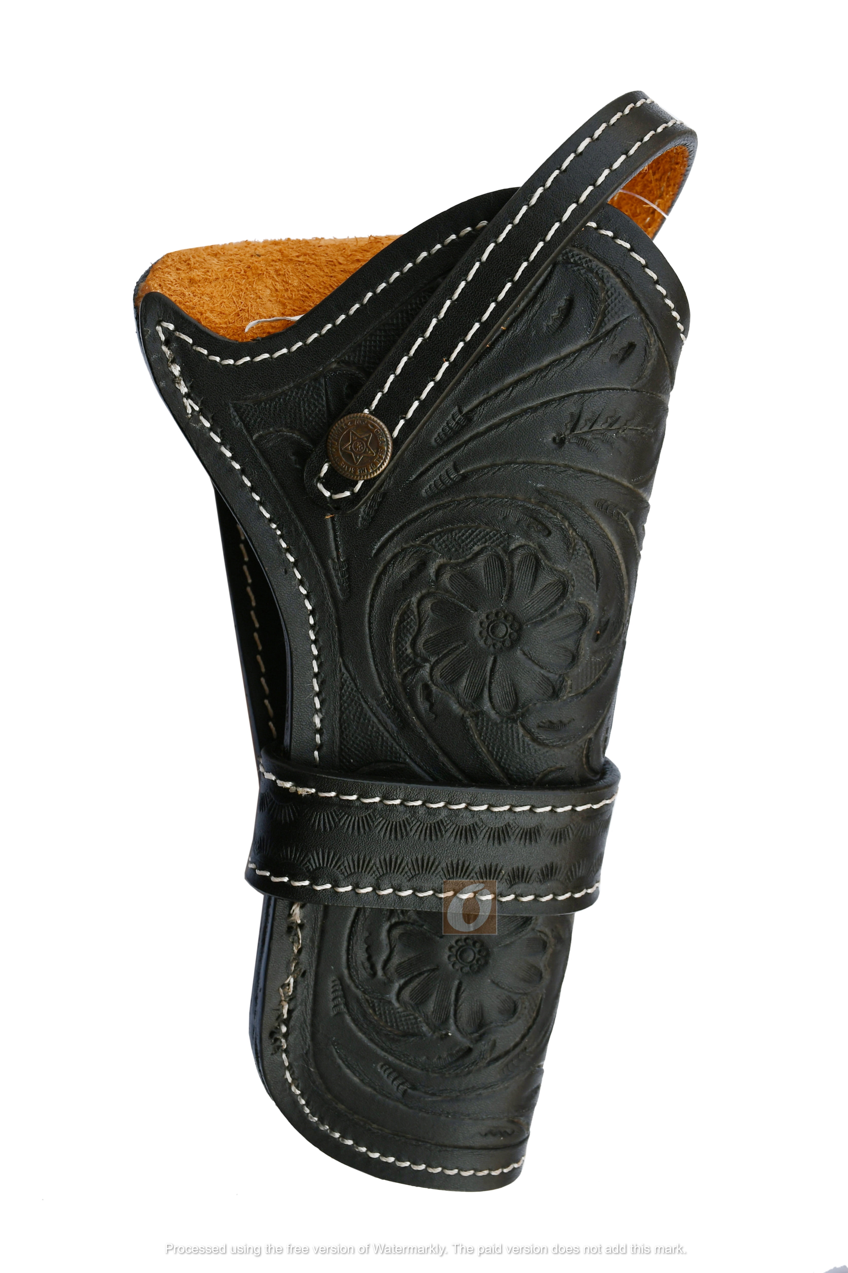 Leather Holster Floral Tooled Long Barrel Gun Black Color - Right Handed