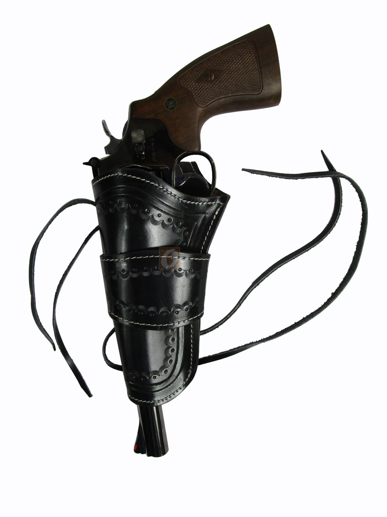 Leather Holster Long Barrel Revolver Pistol Fit Sea Shell Tooled Black - Left Hand