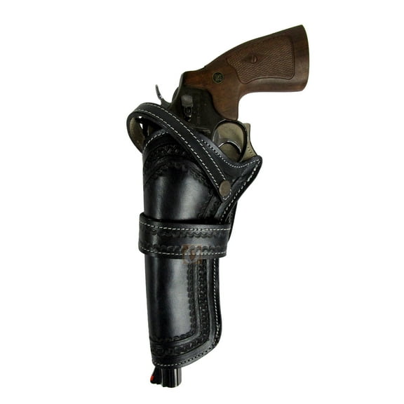 Leather Holster Long Barrel Western Gun Cover Pin Wheel Tooled Black Color - Left Handed