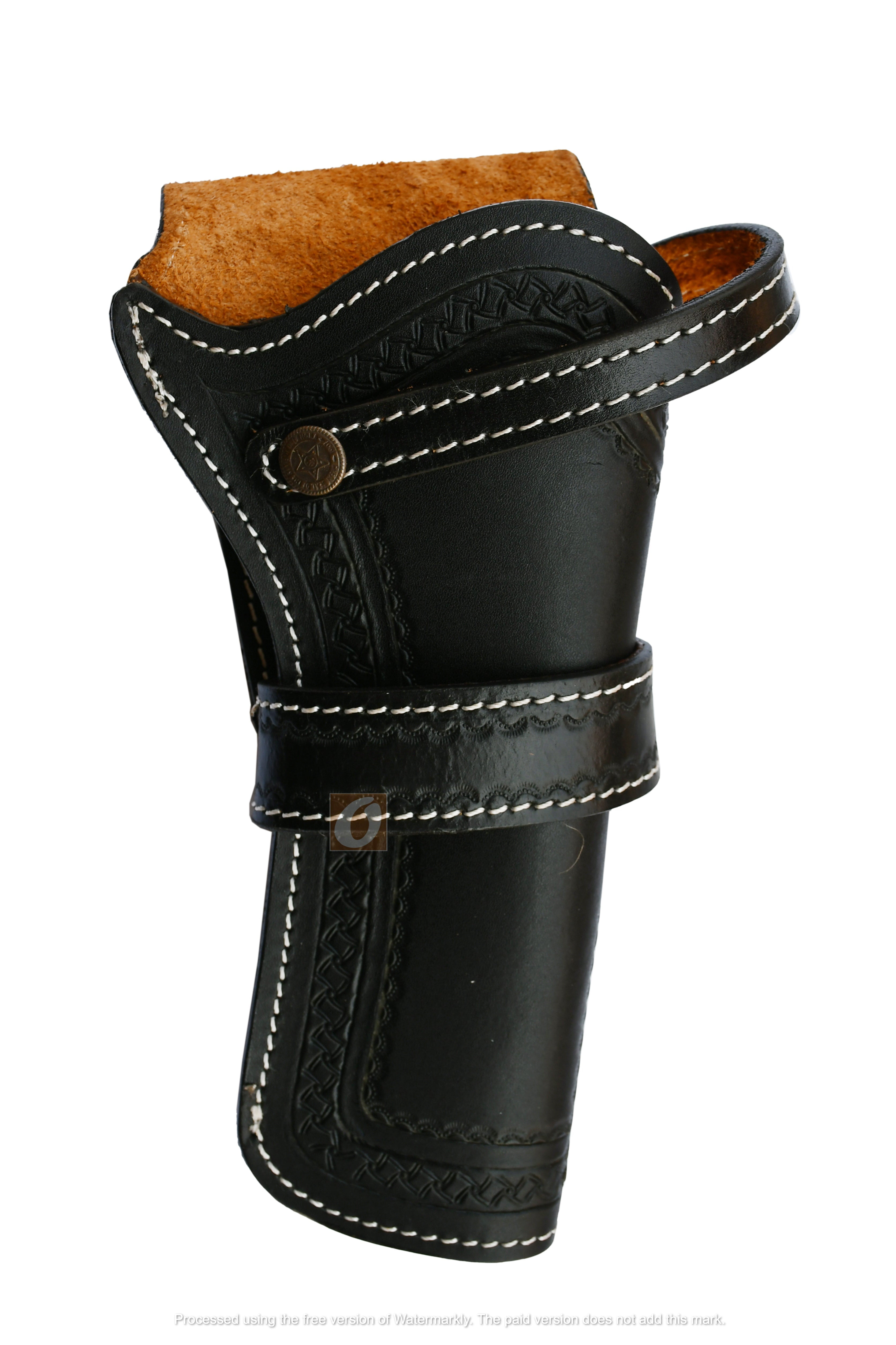 Leather Holster Long Barrel Western Gun Cover Pin Wheel Tooled Black Color - Right Handed