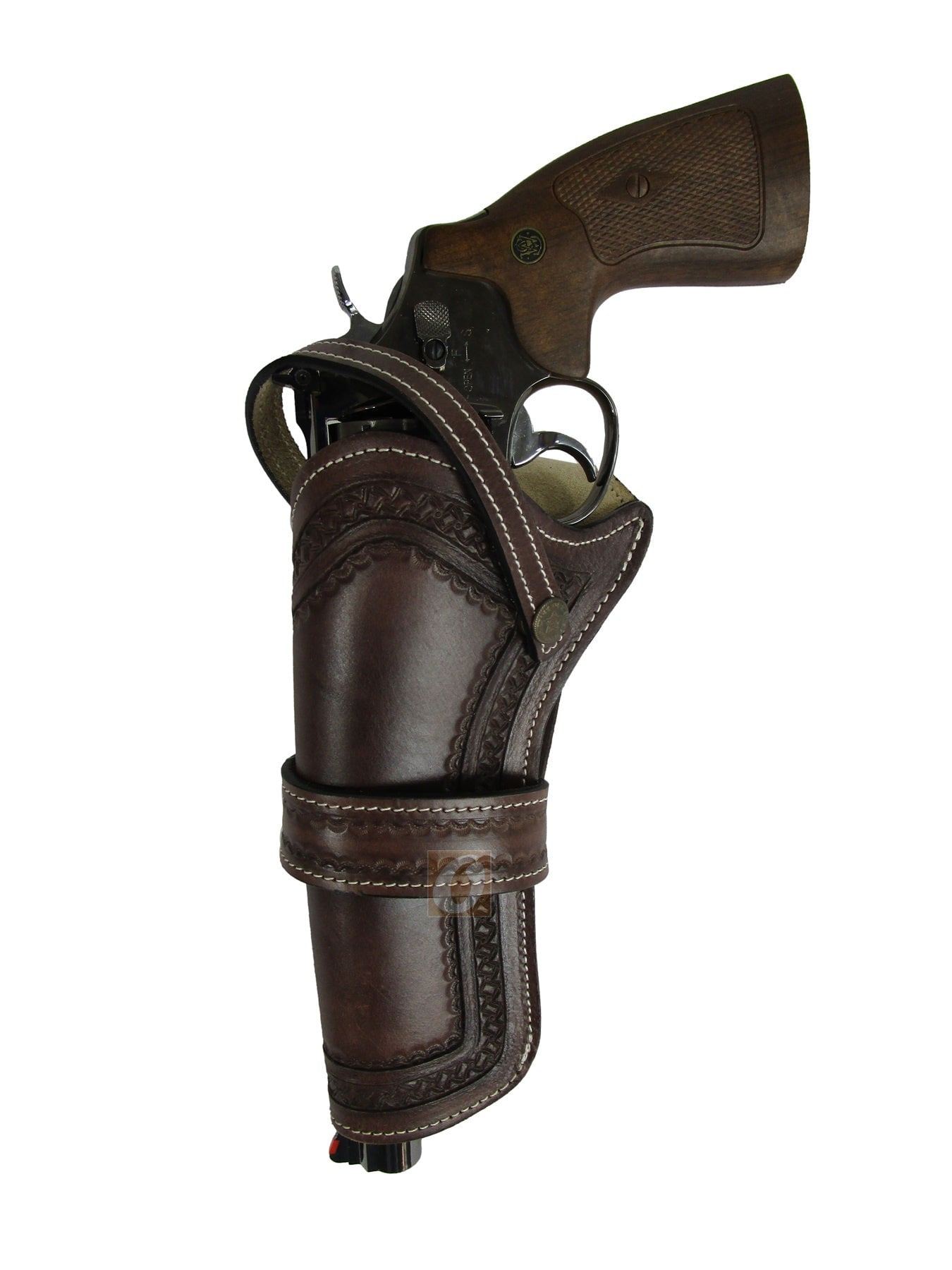 Leather Holster Long Barrel Western Gun Cover Pin Wheel Tooled Brown Color - Left Handed