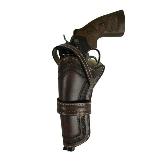Leather Holster Long Barrel Western Gun Cover Pin Wheel Tooled Brown Color - Left Handed