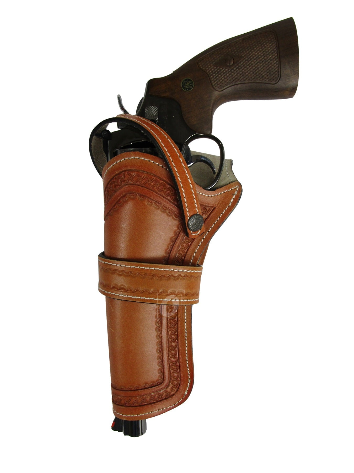 Leather Holster Long Barrel Western Gun Cover Pin Wheel Tooled Tan Color - Left Handed